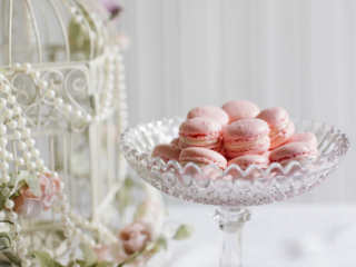Vintage Tea Party glass bowl of pink macaroons